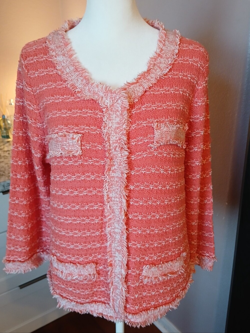 RQT Coral Crochet Sweater Cardigan Sz L Frayed Cotton Blend Work Wear Office